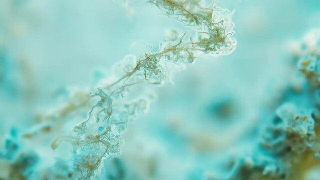 Mold fungus close-up with characteristic texture and shades of blue and green. Concept of fungal growth, spores, microbiological research, decay, decomposition, fungi, biological processes