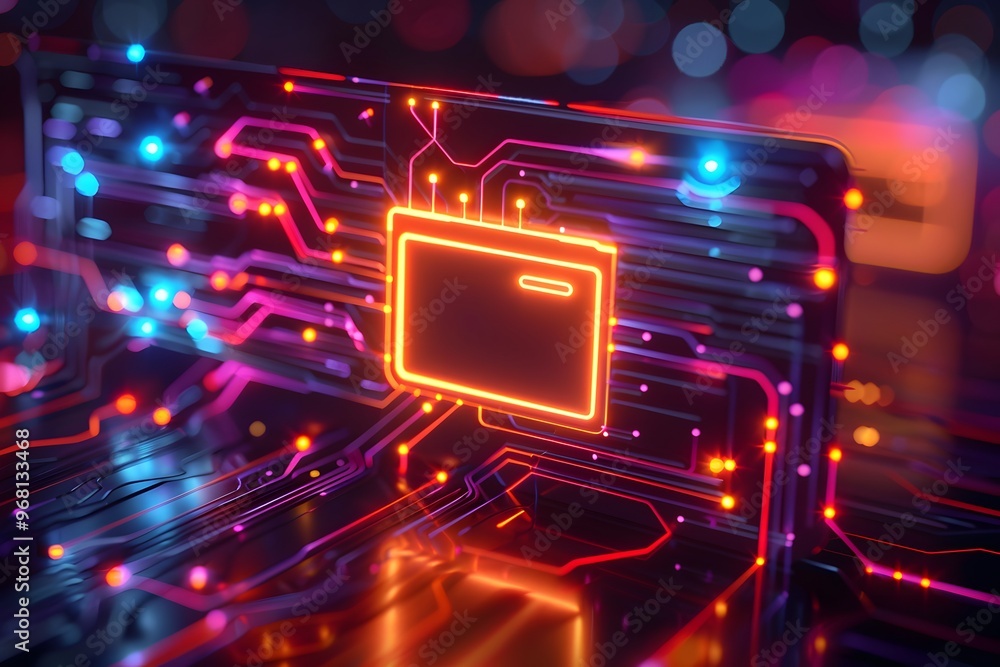 Poster futuristic circuit board with glowing elements and a central chip design