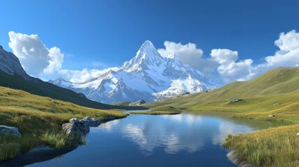 A serene landscape featuring a snow-capped mountain peak reflected in a still lake, surrounded by lush green meadows and a clear blue sky with fluffy clouds. This image evokes feelings of peace, tranq