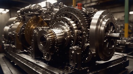 Generative AI, A close-up view of complex industrial machinery with intricate gears and mechanical parts, showcasing precision engineering and craftsmanship in a high-detail photograph