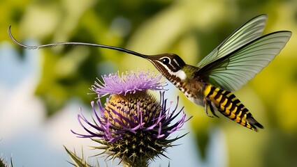 Hummingbird Hawk-Moth (Macroglossum Stellatarum) with Extended Proboscis Feeding on a Thistle Flower: A Detailed View of This Sphingidae Species"