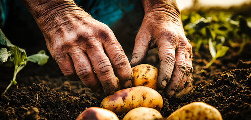 R&eacute;colte artisanale de pommes de terre &agrave; la  main, gros plan, potager
