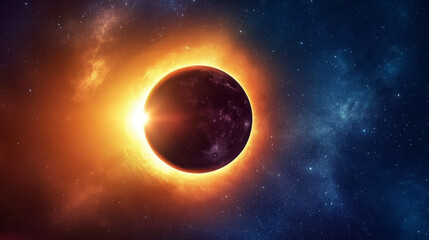 Obraz premium A picture of a solar eclipse, showing the sun covered by the moon, against a starry night sky.