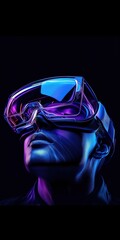 Headshot of a young man wearing VR goggles with purple lighting effects against a black background &ndash; vertical format, futuristic gaze into the distance