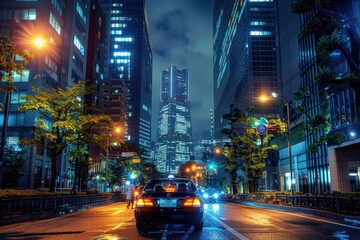 Fototapeta premium A sleek car parked on a neon-lit city street during a rainy night in Tokyo, Japan, with skyscrapers in the background. Free copy space for banner.