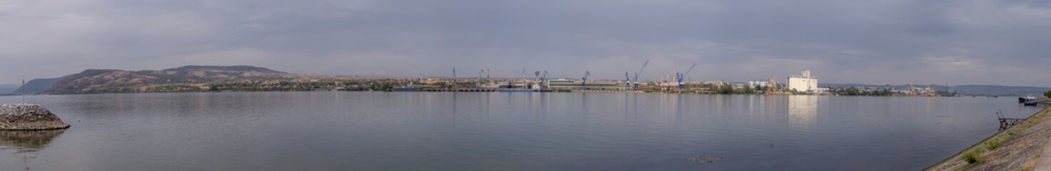 Panoramic view of Danube River in Kladovo, Serbia. On the other bank is the town of Drobeta Turnu-Severin.