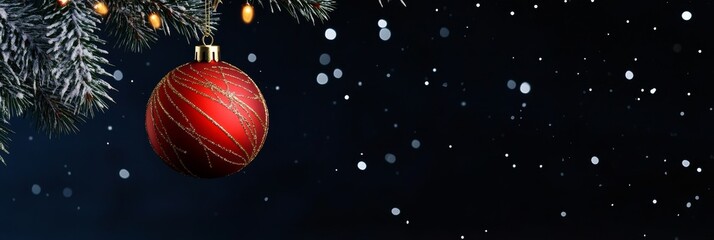 Naklejka premium A single red Christmas ornament with gold accents hangs from a snow-covered pine branch against a dark blue background with falling snowflakes, symbolizing holiday cheer, winter magic, festive decorat