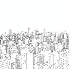 A detailed line drawing of a bustling city skyline with numerous buildings.