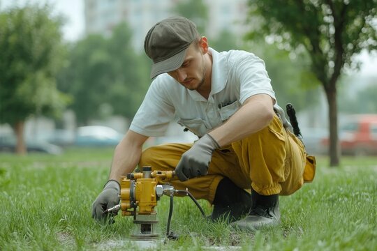 A skilled plumber is crouched down, meticulously working on an outdoor sprinkler system, ensuring a smooth and efficient irrigation system for a lush and green lawn. The image symbolizes expertise, pr