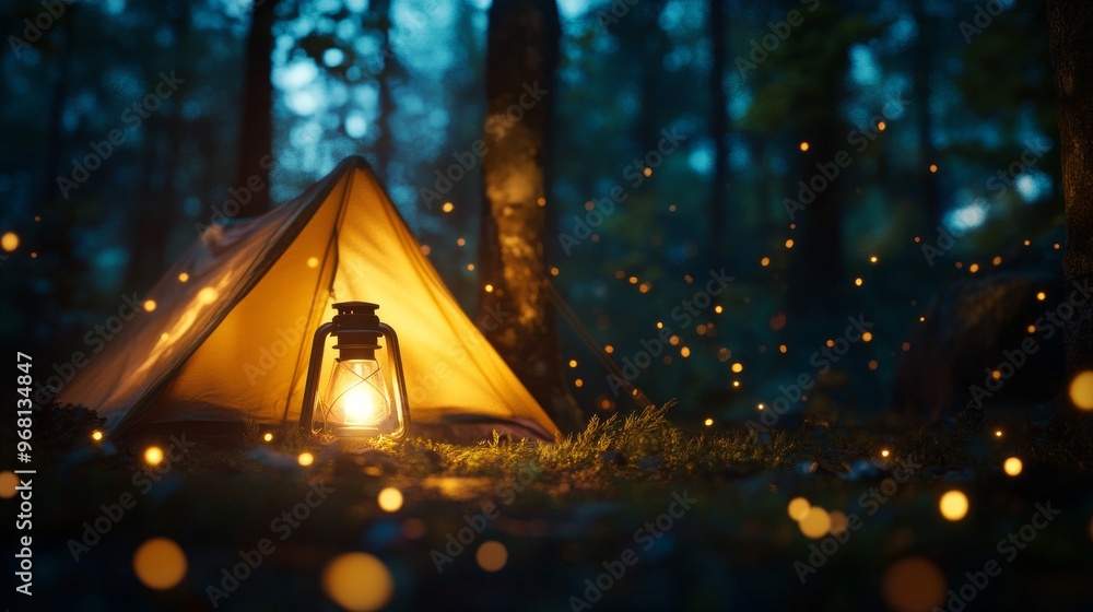 Poster a small, cozy tent nestled in a magical forest, illuminated by a warm lantern glow. the surrounding 