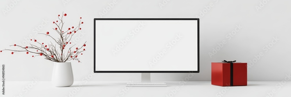 Poster a sleek white computer monitor with a blank screen sits on a white table, ready for a mockup. a red 