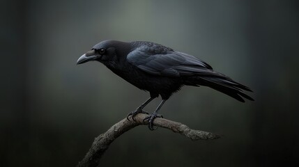Obraz premium A solitary American crow perches on a bare branch, its black feathers blending ly with the foggy forest background. The crow's sharp eyes and piercing gaze evoke a sense of intelligence and mystery. T