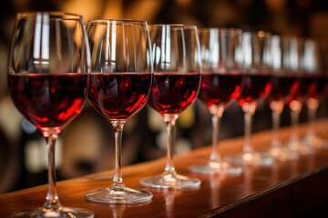 Row of wine glasses with red wine at a bar &ndash; concept for celebrations and beverages