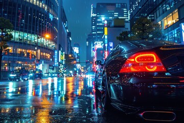 A sleek car parked on a neon-lit city street during a rainy night in Tokyo, Japan, with skyscrapers in the background. Free copy space for banner.