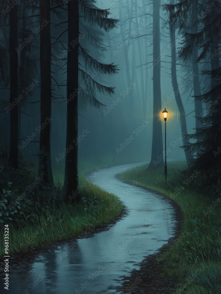 Poster a solitary lamp post illuminates a winding path through a misty forest, creating an ethereal and enc