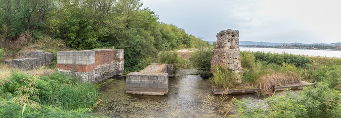 Support column of Trajan Bridge on the Serbian bank of the Danube. Panoramic view.