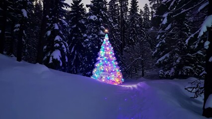 Vibrantly lit Christmas tree in a snowy forest, glowing in the dark winter night surrounded by snow-covered trees - Powered by Adobe