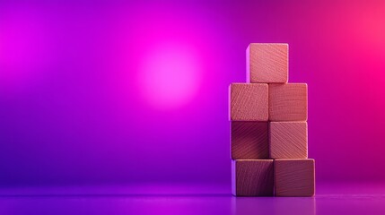 A stack of wooden blocks against a vibrant purple background symbolizing growth, success, building a business, reaching goals, and stepping stones.