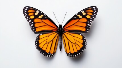 Obraz premium A stunning image of a monarch butterfly with its wings spread wide, showcasing its vibrant orange and black colors. The butterfly is perfectly isolated against a pristine white background, creating a 