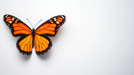 Obraz premium A stunning monarch butterfly with vibrant orange and black wings, isolated on a pure white background. This image symbolizes transformation, beauty, freedom, and the delicate nature of life. It is per
