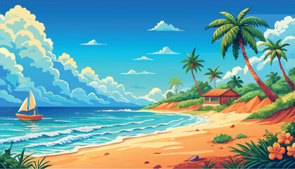 Sailboat sailing near idyllic tropical island paradise beach on sunny day