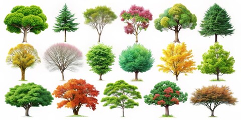 A Collection of 18 Diverse Trees in Various Foliage Colors, Digital Painting, Isolated on White, Tree Collection, Foliage, Nature