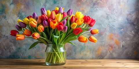 A Colorful Bouquet of Tulips in a Glass Vase on a Wooden Table, Flower Arrangement, Colorful Tulips, Spring Flowers