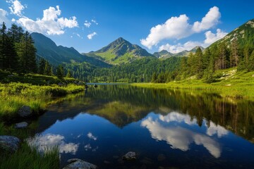 A tranquil mountain lake nestled amongst towering peaks, reflecting the sky and clouds in its crystal-clear waters. The image embodies serenity, peace, and the beauty of nature.