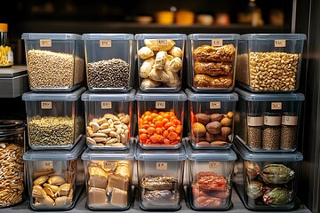 Organized pantry with storage containers for grains, nuts, and snacks
