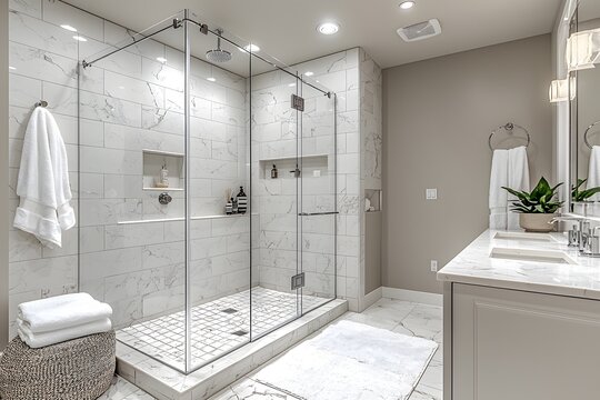 Luxurious modern bathroom with glass shower and marble accents