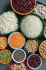 several pots with raw grains for preparing healthy food
