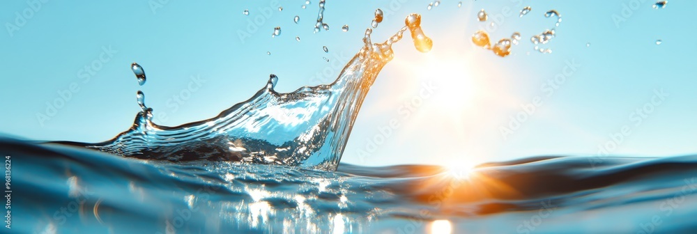 Poster a vibrant image of a water splash with sunlight shining through, creating a dazzling summer scene. t