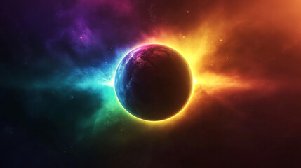 Fototapeta premium A realistic solar eclipse effect with a transparent background. The design features a blazing star in shades of blue, yellow, green, and purple, partially blocking a planet in a dark sky.