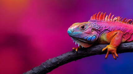 Obraz premium A vibrant iguana with a pink, blue, and orange color scheme perches on a branch against a backdrop of blurred pink and purple hues, symbolizing the beauty of nature, the fragility of life, the importa