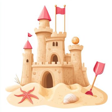 sand castle pink flags beach scene clip art preview