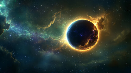 Naklejka premium A realistic solar eclipse effect with a transparent background. The design features a blazing star in shades of blue, yellow, green, and purple, partially blocking a planet in a dark sky.