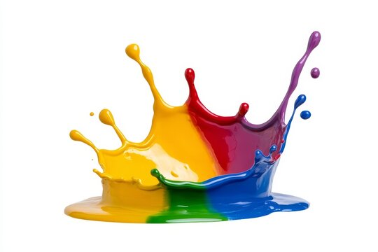 A vibrant splash of rainbow-colored paint creating a dynamic and artistic composition. The isolated white background emphasizes the vivid colors and fluid movement. The image represents creativity, en