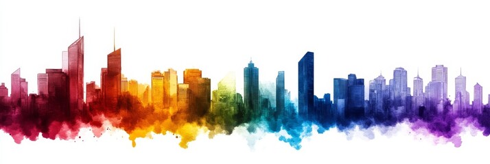 Fototapeta premium A vibrant watercolor illustration of a futuristic cityscape with a rainbow gradient. The skyline symbolizes progress, unity, diversity, creativity, and urban development.
