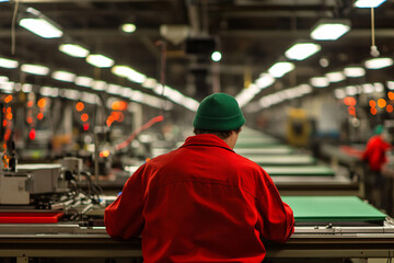 Obraz premium factory worker wearing red facing away from the camera while working on an assembly line in an industrial setting