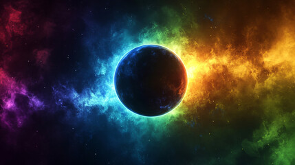 Obraz premium A realistic solar eclipse effect with a transparent background. The design features a blazing star in shades of blue, yellow, green, and purple, partially blocking a planet in a dark sky.