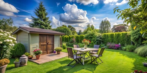 A Sunny Day in a Lush Garden with a Shed and a Table Setting, Outdoor living, backyard design, summer garden