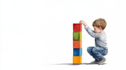 A watercolor illustration of a young child building a tower with colorful blocks. The child is focused and determined, showcasing the joy of learning and creativity. The illustration symbolizes growth