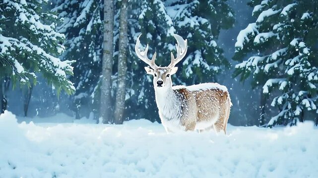 Majestic Reindeer in Snow-Covered Forest Winter Wilderness Wildlife Nature Scene