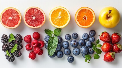 Naklejka premium Fresh Assortment of Vibrant Fruits and Vegetables on a Clean White Background