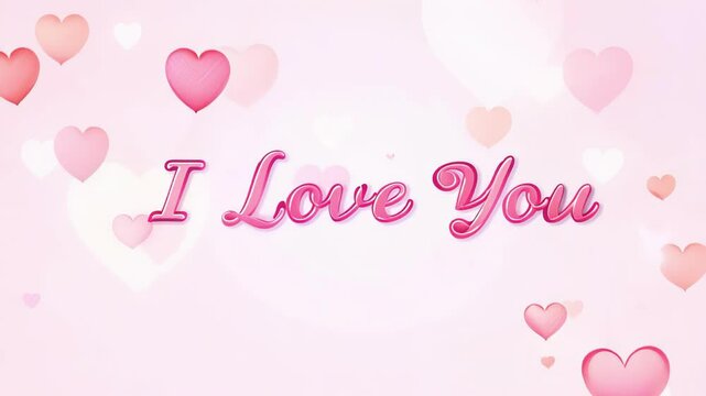 Phrase I LOVE YOU in pink script font, surrounded by pink and red heart shapes on a soft, light background. Concept of love, romance, affection, Valentine's Day, greeting cards, romantic messages