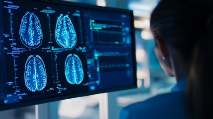 A woman in a professional setting is intently studying brain scan images on a computer monitor. The images represent medical research, neurological analysis, and the pursuit of scientific understandin