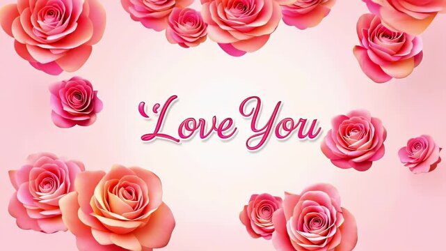 Phrase I LOVE YOU in pink script font inside a white heart shape, surrounded by vibrant pink roses on a soft pink background. Concept of love, romance, Valentine's Day, and romantic messages
