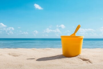 A yellow plastic beach bucket and spade on a sandy beach with the blue sea and sky in the background. The image symbolizes summer, childhood, play, relaxation, and vacation.