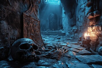A dimly lit, eerie castle corridor with a human skull and skeletal remains, illuminated by candlelight ideal for horror, Halloween, or fantasy themes suggesting danger and mystery,