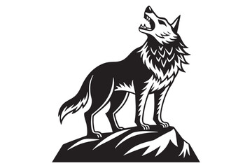 Fototapeta premium Vector illustration of a howling wolf silhouette on a mountain